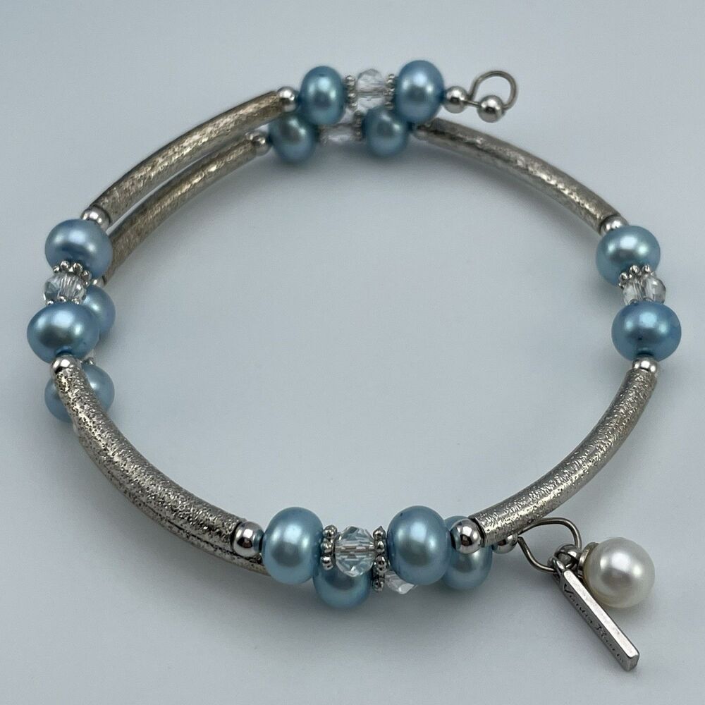 Vantel Pearls Silver Tone Blue Pearl Memory Wire Bracelet Cute Beaded Stunning - Picture 4 of 6